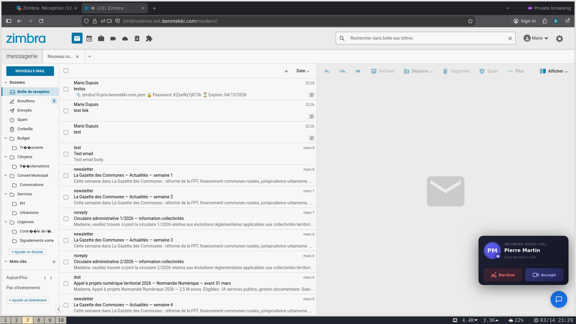 Incoming call directly in Zimbra